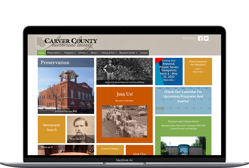 Carver County Historical Society website displayed on a laptop