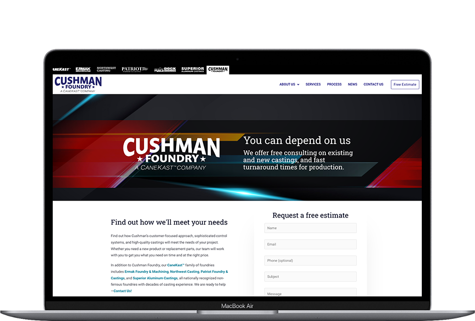 Cushman Foundry website displayed on a laptop