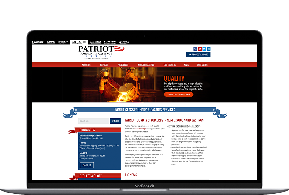 Patriot Foundry and Casting website displayed on a laptop