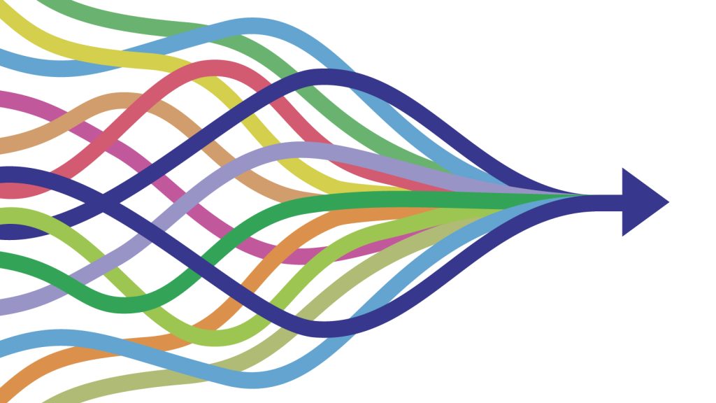 Graphic of multiple colored threads being caught up into one arrow head