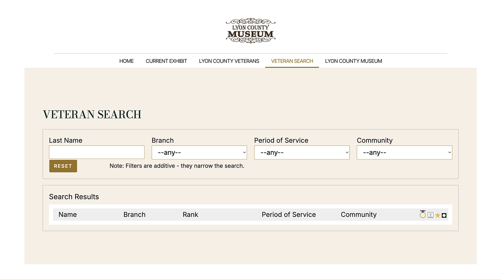 Lyon County Historical Society & Museum Veteran Search page