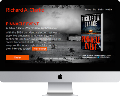 Richard Clarke website for the Pinnacle Event book displayed on a workstation monitor