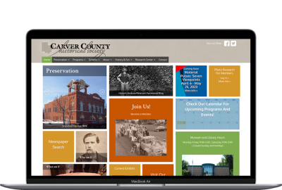 Carver County Historical Society website displayed on a laptop